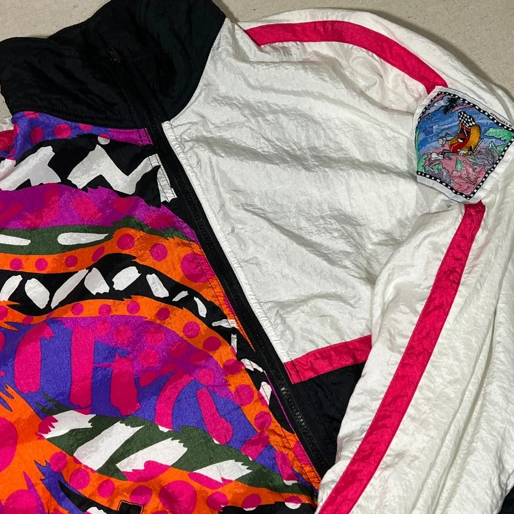 Vintage 90s Hotdogger Color Block Nylon Track Jacket Retro Cartoon Patch M